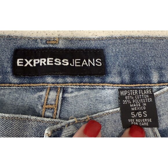Express Jeans Hipster Flare Womens Denim Pants Size 5/6S (short) Front Seam Blue - Picture 5 of 6